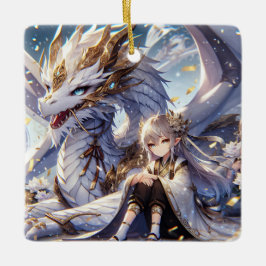 Ornamento De Cerâmica Menina de Animes e Dragão Branco e Dourado