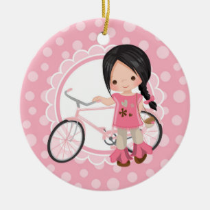 Ornamento De Cerâmica Menina de Bicicleta Preta - Branca Rosa