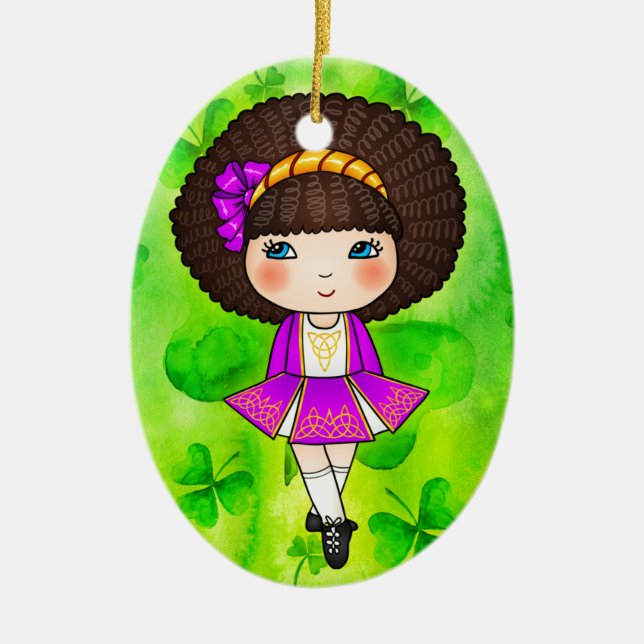 Ornamento De Cerâmica Menina de dança irlandesa no vestido violeta (Frente)