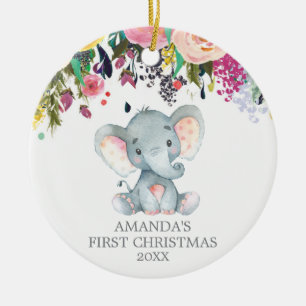 Ornamento De Cerâmica Menina de Elefante Bonita Rosa de Natal