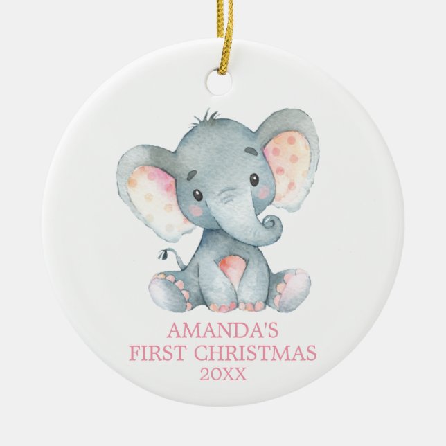 Ornamento De Cerâmica Menina de Elefante Bonita Rosa de Natal Primeiro (Frente)