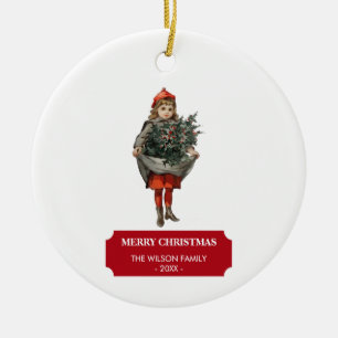 Ornamento De Cerâmica Menina de Natal Vintage & Frutas de Azevinho Festi