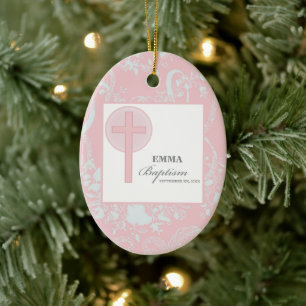 Ornamento De Cerâmica Menina de Renda Rosa Batismo Personalizado