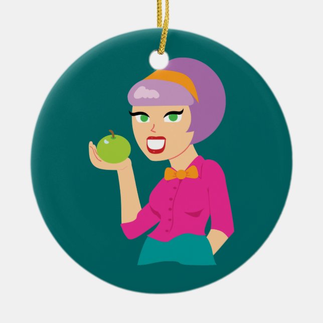 Ornamento De Cerâmica Menina de Retro de Maçã Fresca (Frente)