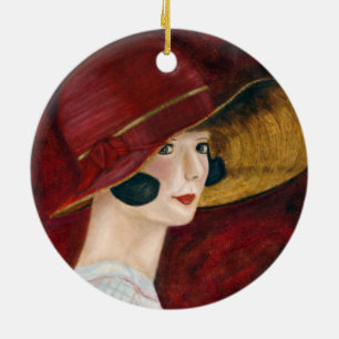 Ornamento De Cerâmica Menina do Flapper em Red Hat que ruje o 1920 dos