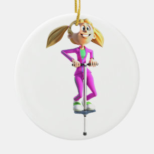 Ornamento De Cerâmica Menina dos desenhos animados em uma vara de Pogo