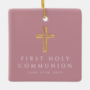 Ornamento De Cerâmica Menina Foto Cruz Religiosa Rosa Primeira Comunhão
