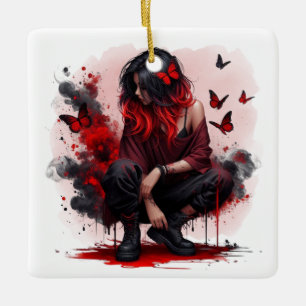 Ornamento De Cerâmica Menina grunge borboleta vermelha