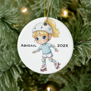 Ornamento De Cerâmica Menina Loira de Natal Personalizada Patinando no R