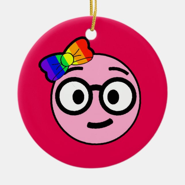 Ornamento De Cerâmica Menina Nerdy Emoji com vidros e arco do arco-íris (Frente)