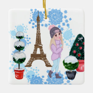 Ornamento De Cerâmica Menina personalizada na Torre Eiffel de inverno em