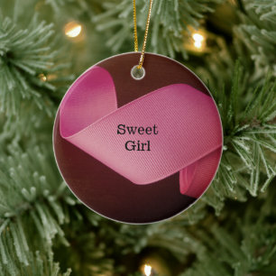 Ornamento De Cerâmica Menina, primeira fita rosa de Natal girando