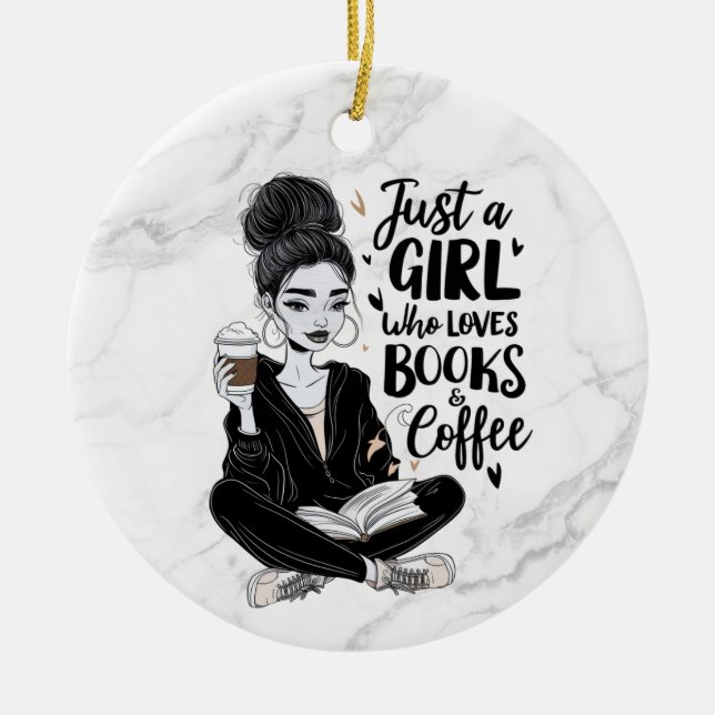 Ornamento De Cerâmica Menina que ama livros e café personalizado preto e (Frente)