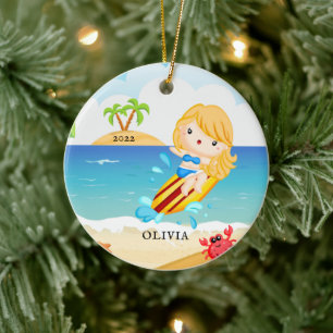 Ornamento De Cerâmica Menina Surfista Fofa Personalizada Natal
