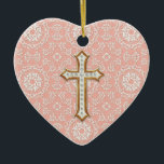 Ornamento De Cerâmica Menina transversal dourada Dourado do laço do<br><div class="desc">NOTA: Este é um design impresso plano. Não há nenhuma camada levantada, jóia ou umas camadas dimensionais nele. Tudo foi criado gràfica para olhar muito realístico. PALETA DE CORES: coram o rosa cor-de-rosa e brandamente fora do branco com olhar do metal do ouro. COLEÇÃO DO DESIGN: Este do cristão comunhão...</div>