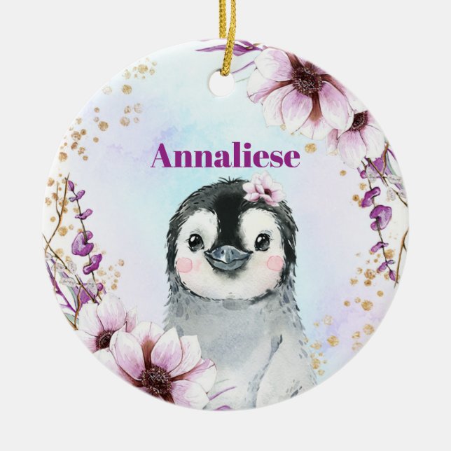 Ornamento De Cerâmica Meninas Bonitas Pinguim Rosa E Dourado 1rua Xmas (Frente)