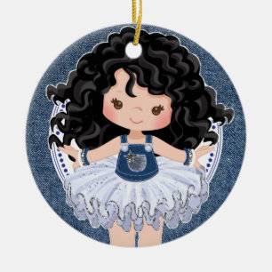 Ornamento De Cerâmica Meninas Pequena Cutie no Natal de Denim e Diamante