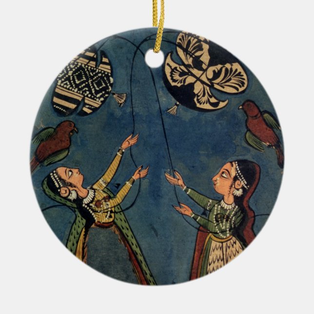 Ornamento De Cerâmica Meninas que voam papagaios, pintura popular de (Frente)