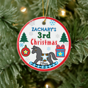Ornamento De Cerâmica Menino 3º Natal FOTO Cavalo Cinza Azul