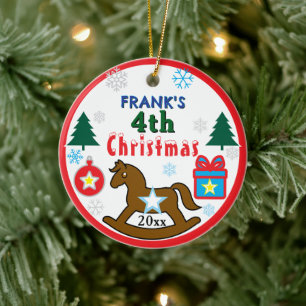 Ornamento De Cerâmica Menino 4º Natal Cavalo de Balanço INSERIR FOTO