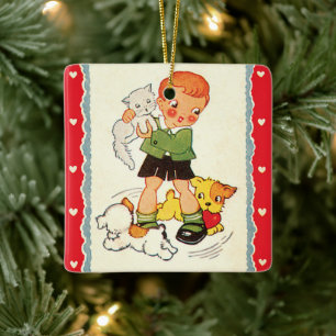 Ornamento De Cerâmica Menino Antigo Salvando um Gatinho de Cachorrinhos