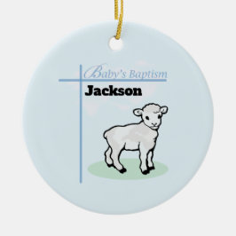 Ornamento De Cerâmica Menino Azul do Batismo Cordeiro, Personalizável