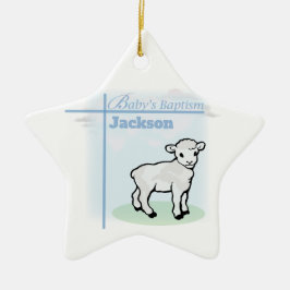 Ornamento De Cerâmica Menino Azul do Batismo Cordeiro, Personalizável