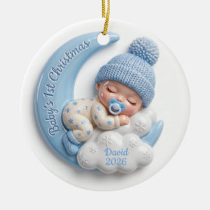 Ornamento De Cerâmica Menino Bebê Adormecido Lua 3D Azul 1º Natal
