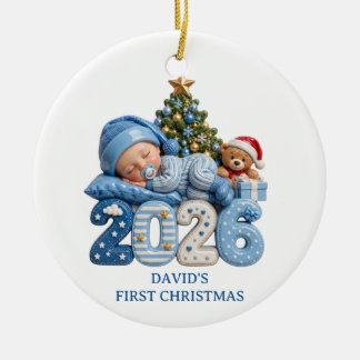 Ornamento De Cerâmica Menino Bebê Azul 3D Primeiro Natal 2026 Personaliz