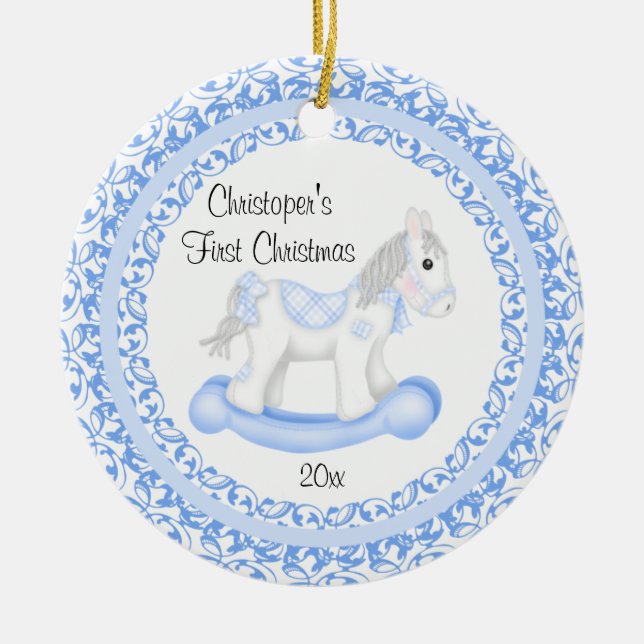 Ornamento De Cerâmica Menino do Cavalo de Balanço Primeiro Natal do Bebê (Frente)