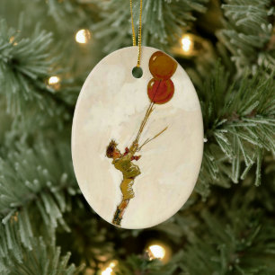 Ornamento De Cerâmica Menino do vintage com balões vermelhos em uma