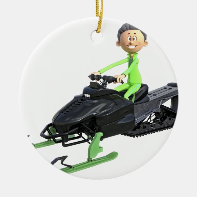 Ornamento De Cerâmica Menino dos desenhos animados em um Snowmobile (Frente)