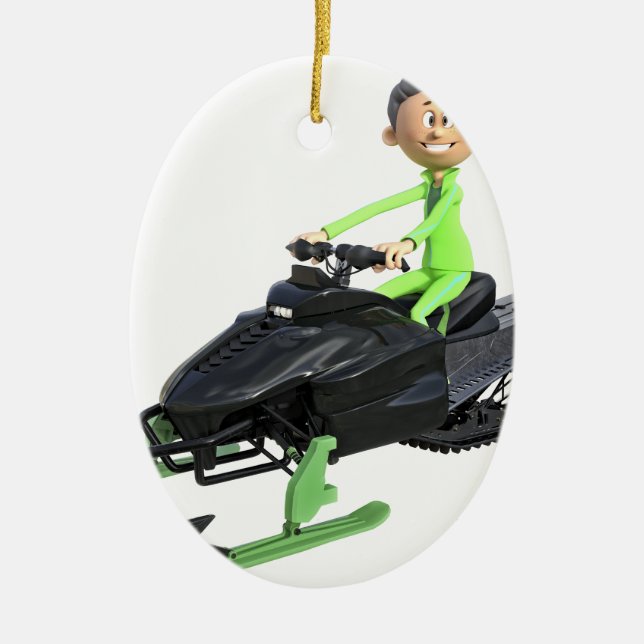 Ornamento De Cerâmica Menino dos desenhos animados em um Snowmobile (Frente)