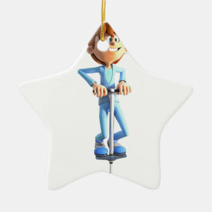 Ornamento De Cerâmica Menino dos desenhos animados em uma vara de Pogo