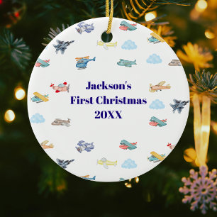 Ornamento De Cerâmica Menino Primeiro Natal Aquarela Aviões Nuvens