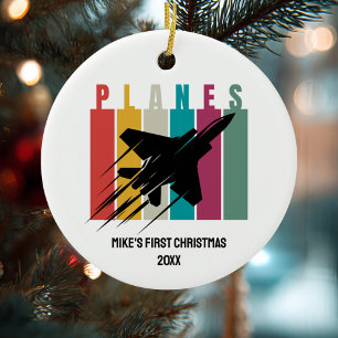 Ornamento De Cerâmica Menino Primeiro Natal Avião de Caça Personalizado