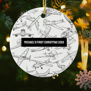 Ornamento De Cerâmica Menino Primeiro Natal Aviões Desenhados à Mão Avia