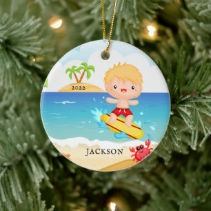 Ornamento De Cerâmica Menino Surfista Fofo Personalizado Natal