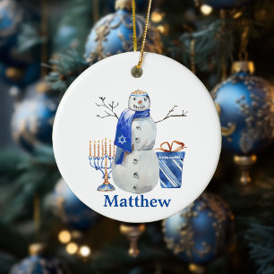 Ornamento De Cerâmica Menorá de neve do Hanukkah azul personalizada com