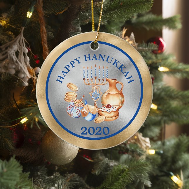 Ornamento De Cerâmica Menorá de Prata Dourada Feliz Chanucá (Criador carregado)
