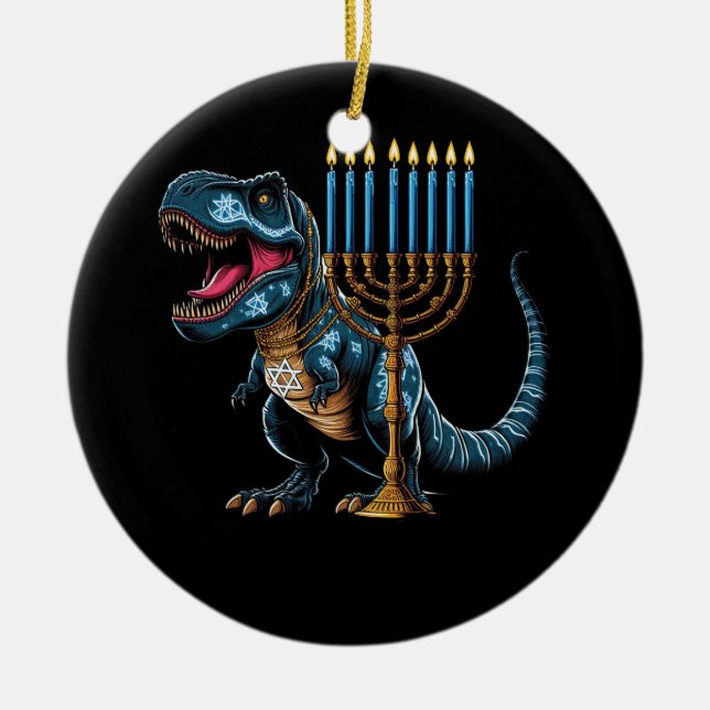Ornamento De Cerâmica Menorasaurus Rex Trex Dinossauro Hanukkah Menorah  (Frente)