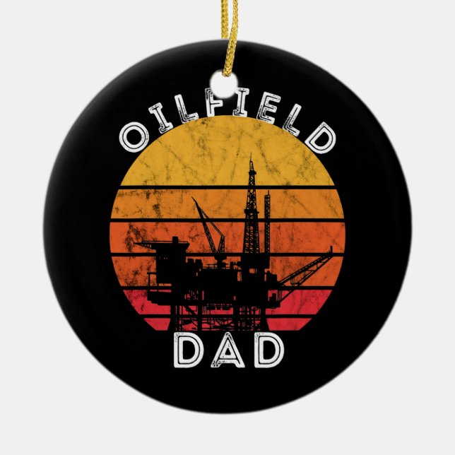 Ornamento De Cerâmica Mens Oil Rig Retro Sunset Oilfield Pai Worker (Frente)