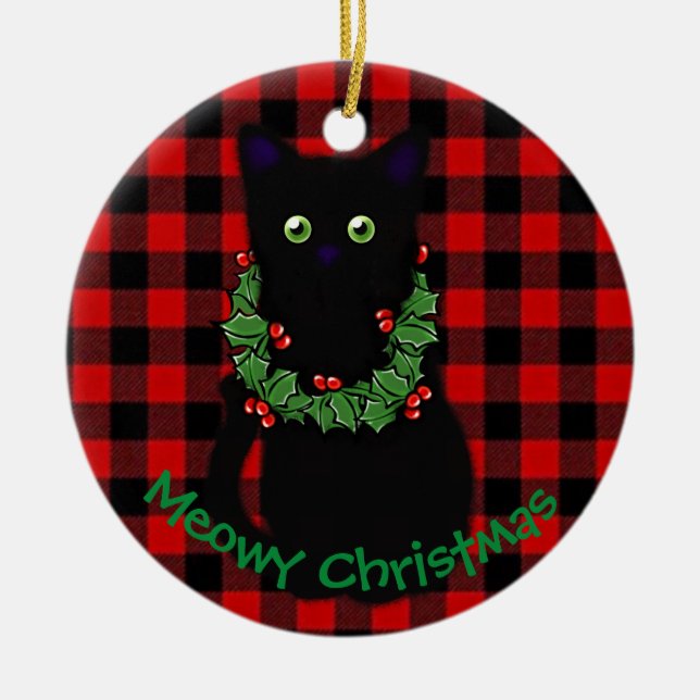 Ornamento De Cerâmica Meowy Christmas | presente para amantes de gatos | (Frente)
