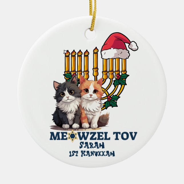 Ornamento De Cerâmica Meowzel Tov Cute Happy Hanukkah (Frente)