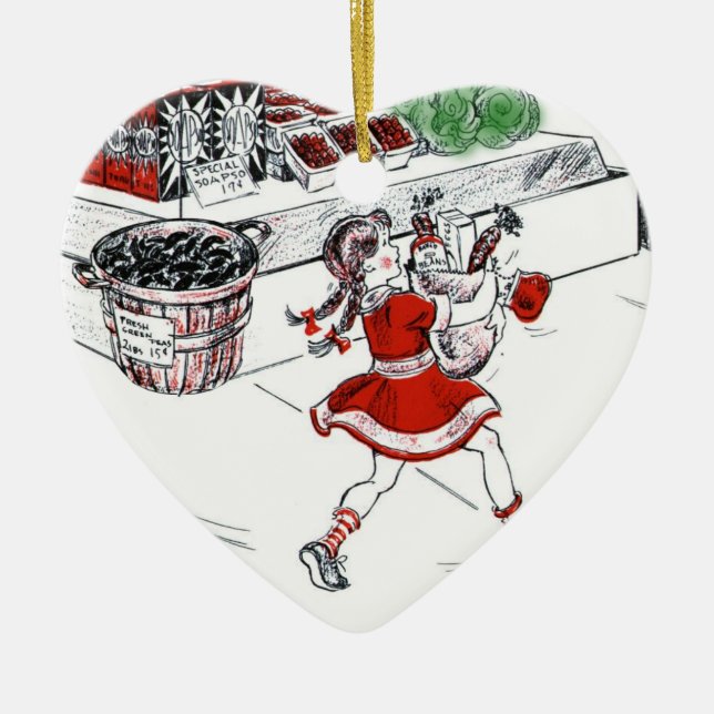 Ornamento De Cerâmica Mercearia antiquado e menina (Frente)