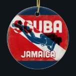 Ornamento De Cerâmica Mergulhador Jamaica Scuba - Retroalimentação Azul<br><div class="desc">Jamaica Caribe design de mergulho de mergulho na Jamaica. Um estilo vintage retro o fundo vermelho do sinalizador scuba com o marinho azul do mergulhador.</div>