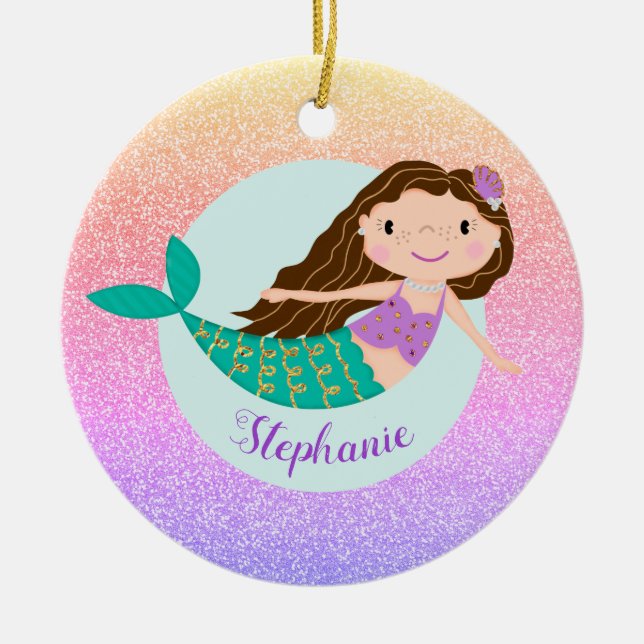 Ornamento De Cerâmica Mermaid Rainbow Glitter Nome Personalizado (Frente)