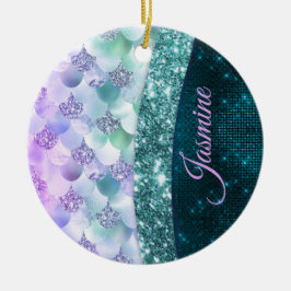 Ornamento De Cerâmica Mermaid skin teal silver faux glitter monogram