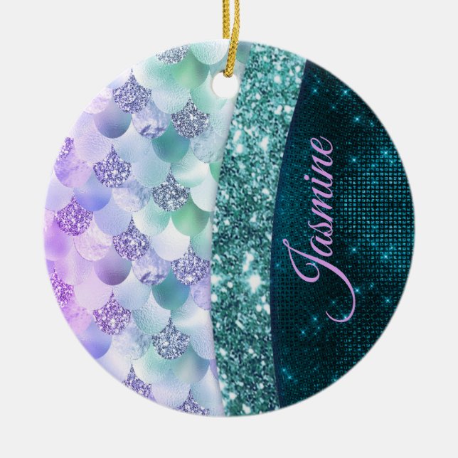 Ornamento De Cerâmica Mermaid skin teal silver faux glitter monogram (Frente)