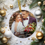 Ornamento De Cerâmica Merrily Ever Após o Natal Recém-Casado<br><div class="desc">O ornamento personalizado de fotos de feriado para recém-casados apresenta uma foto favorita de casamento em cada lado,  com "Merrily Ever After" sobreposta em caligrafia branca. Personalize com seus nomes e data do casamento.</div>